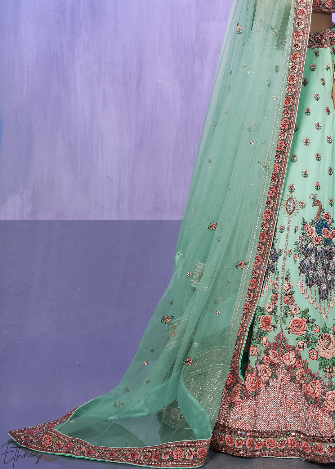 Mint Green & Pink Peacock Floral Embroidered Velvet Lehenga Choli