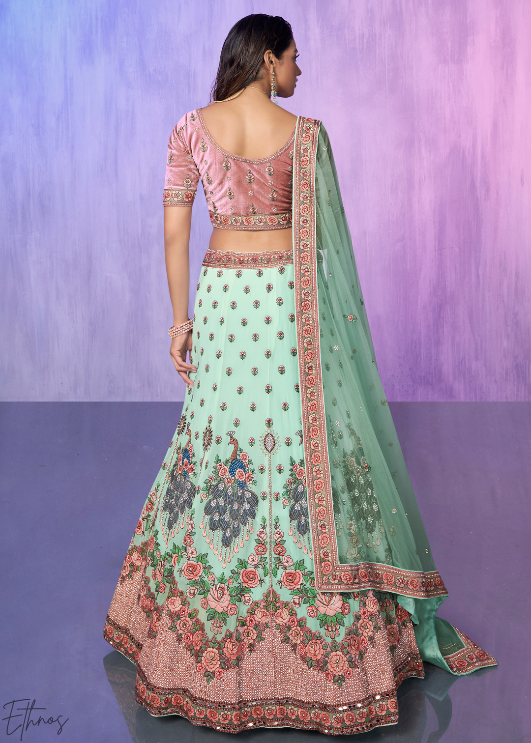 Mint Green & Pink Peacock Floral Embroidered Velvet Lehenga Choli
