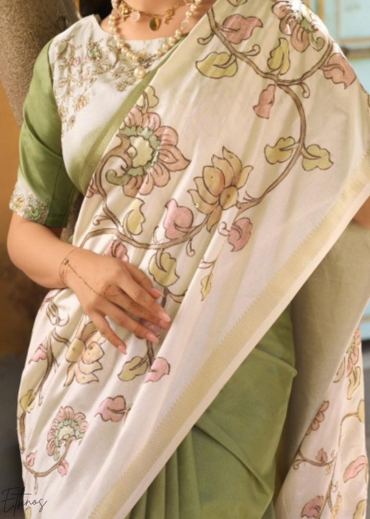 Mint Green and Cream Floral Digital Print Tussar Silk