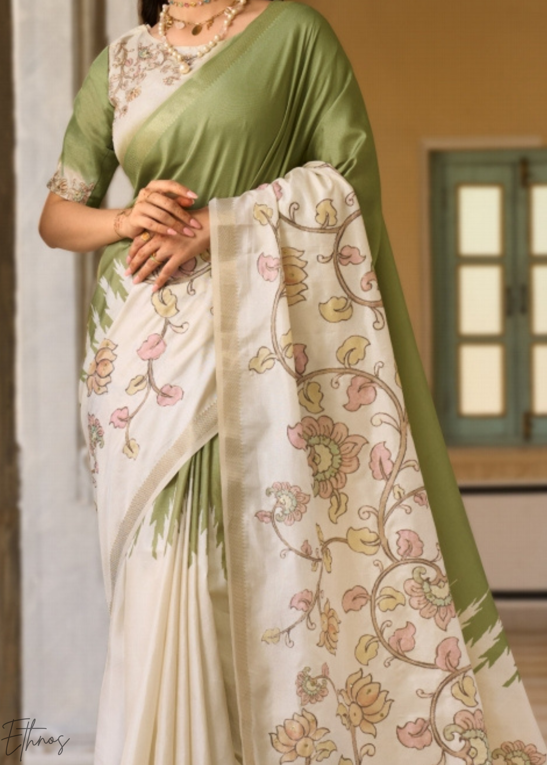 Mint Green and Cream Floral Digital Print Tussar Silk