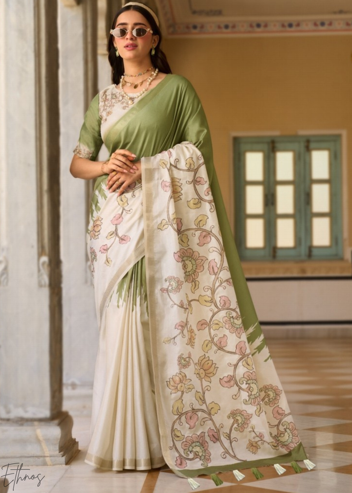 Mint Green and Cream Floral Digital Print Tussar Silk