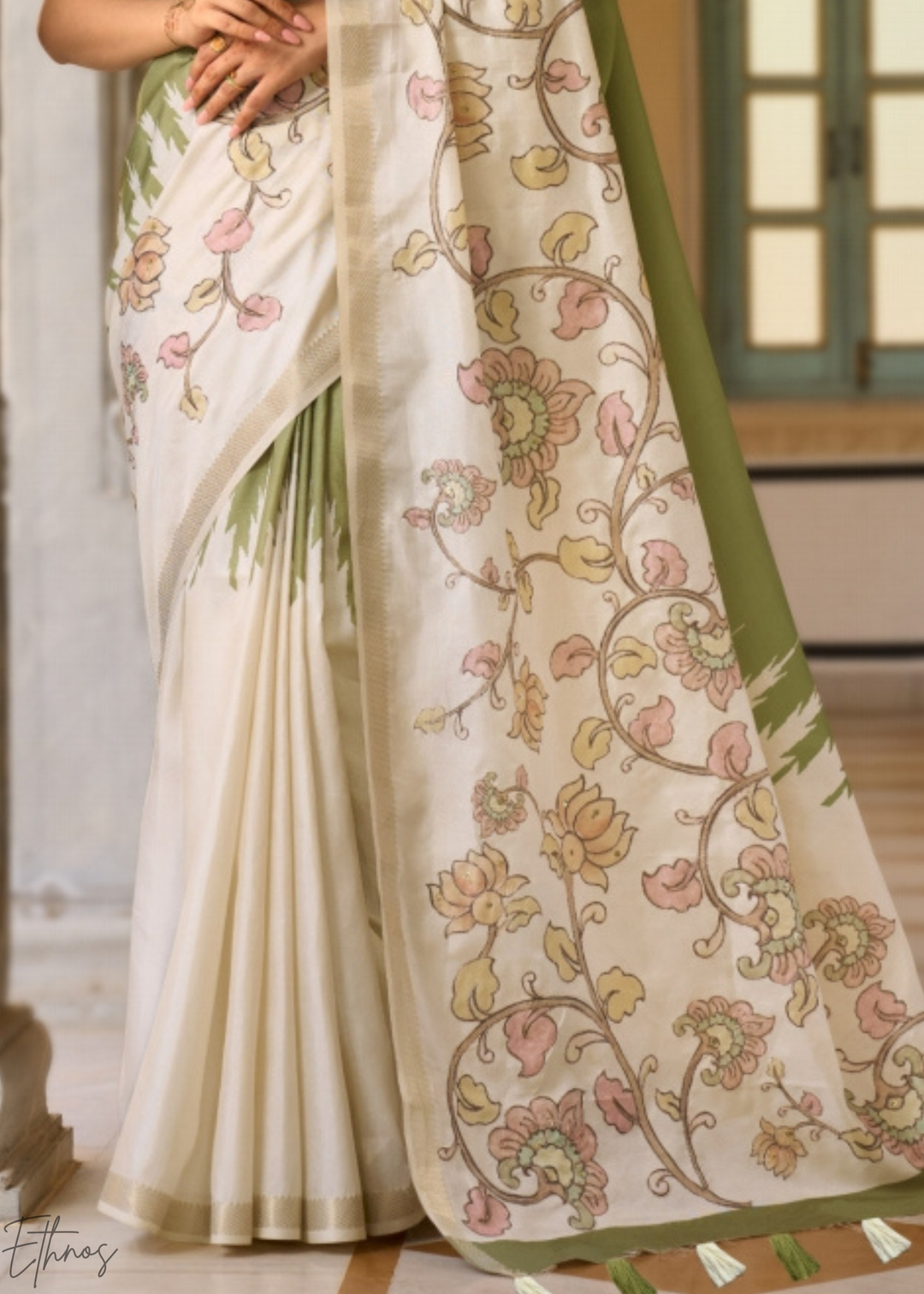 Mint Green and Cream Floral Digital Print Tussar Silk