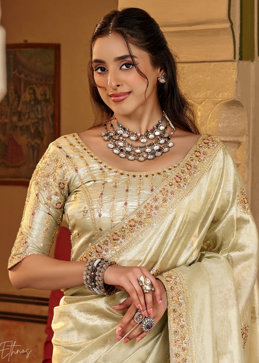 Mint Ivory Scattered Motif Satin Silk Saree