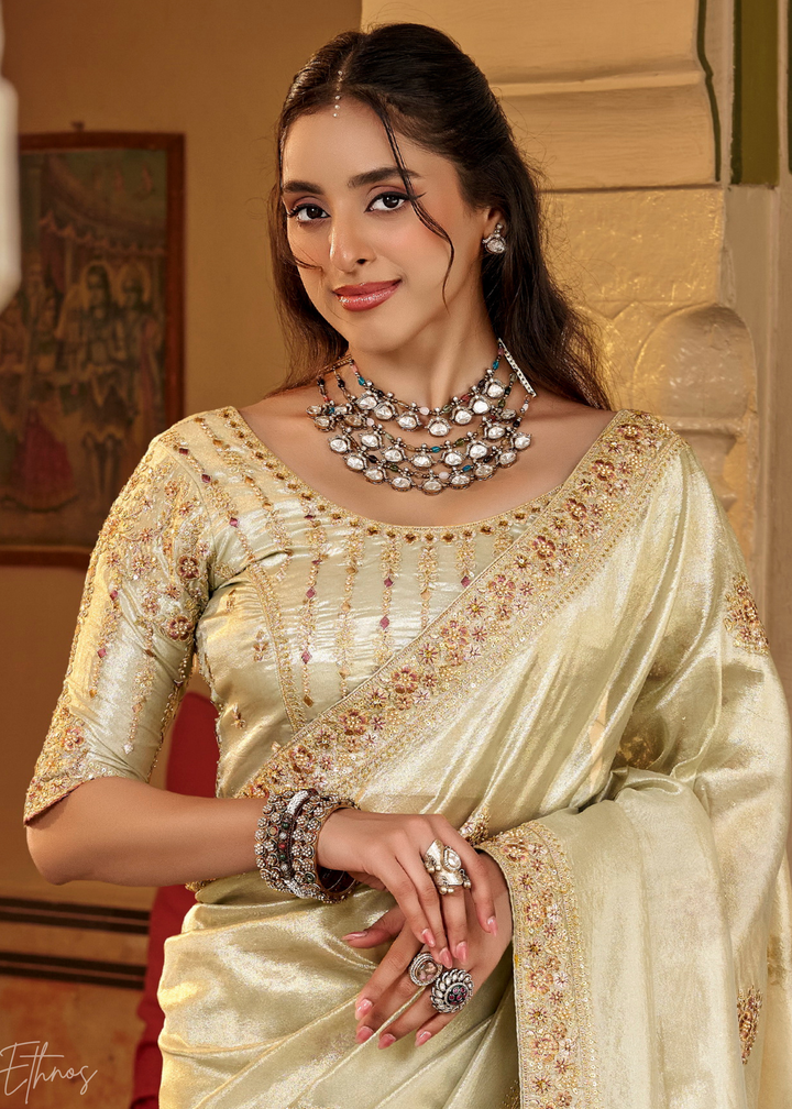 Mint Ivory Scattered Motif Satin Silk Saree