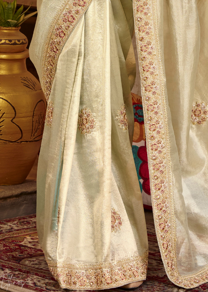 Mint Ivory Scattered Motif Satin Silk Saree