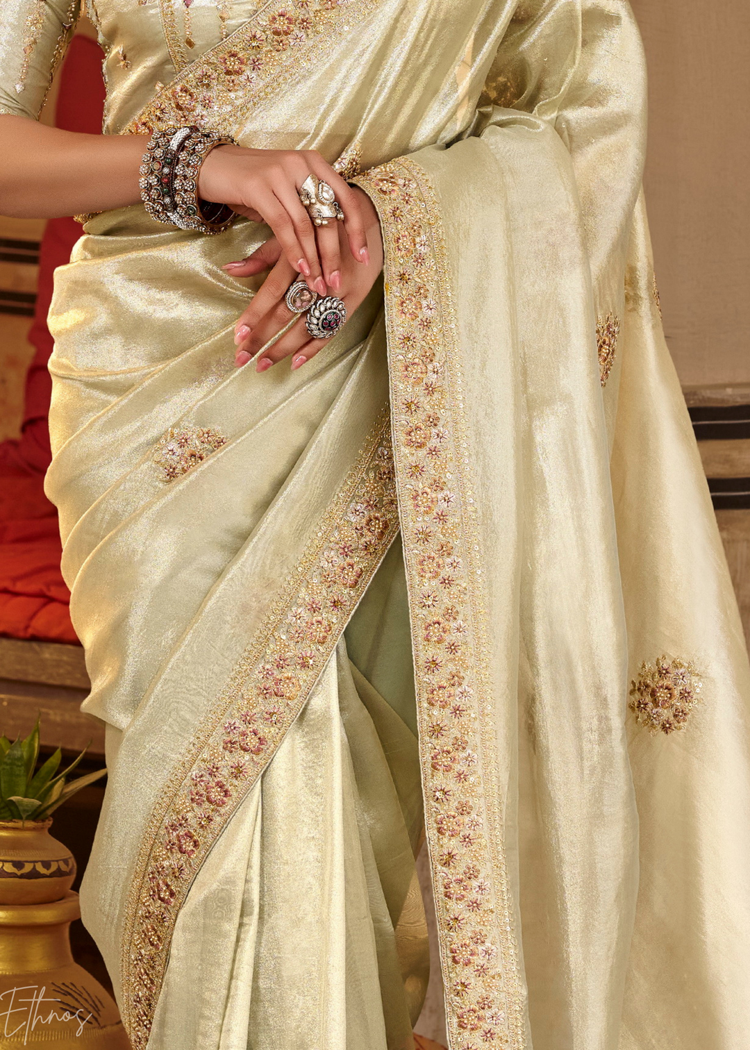 Mint Ivory Scattered Motif Satin Silk Saree