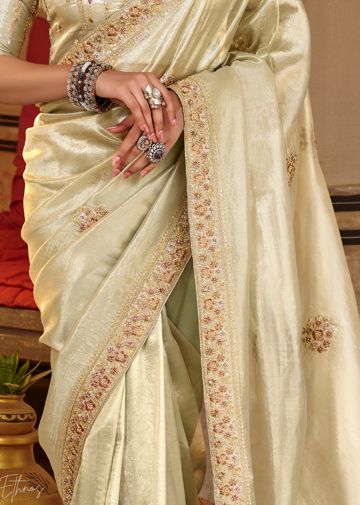 Mint Ivory Scattered Motif Satin Silk Saree