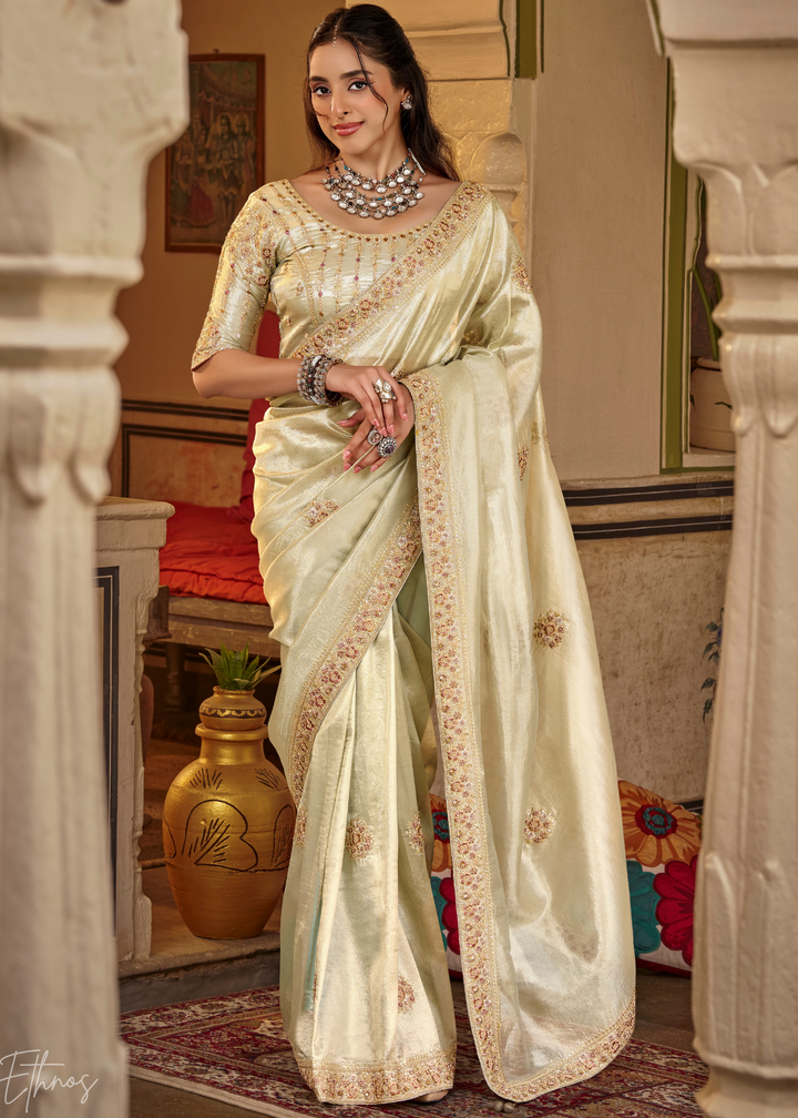 Mint Ivory Scattered Motif Satin Silk Saree