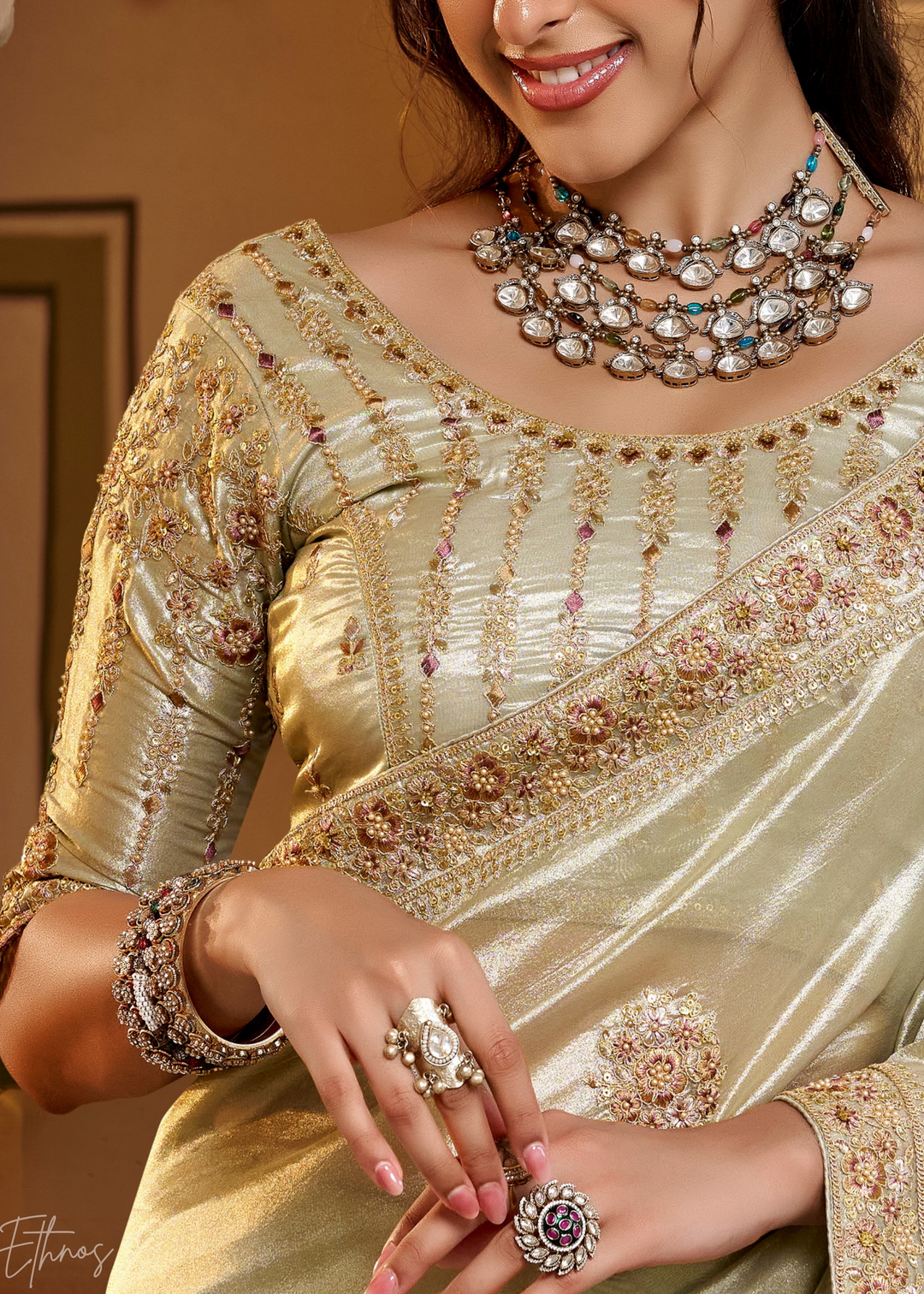 Mint Ivory Scattered Motif Satin Silk Saree