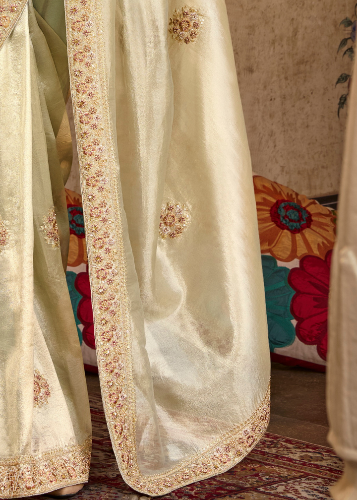 Mint Ivory Scattered Motif Satin Silk Saree