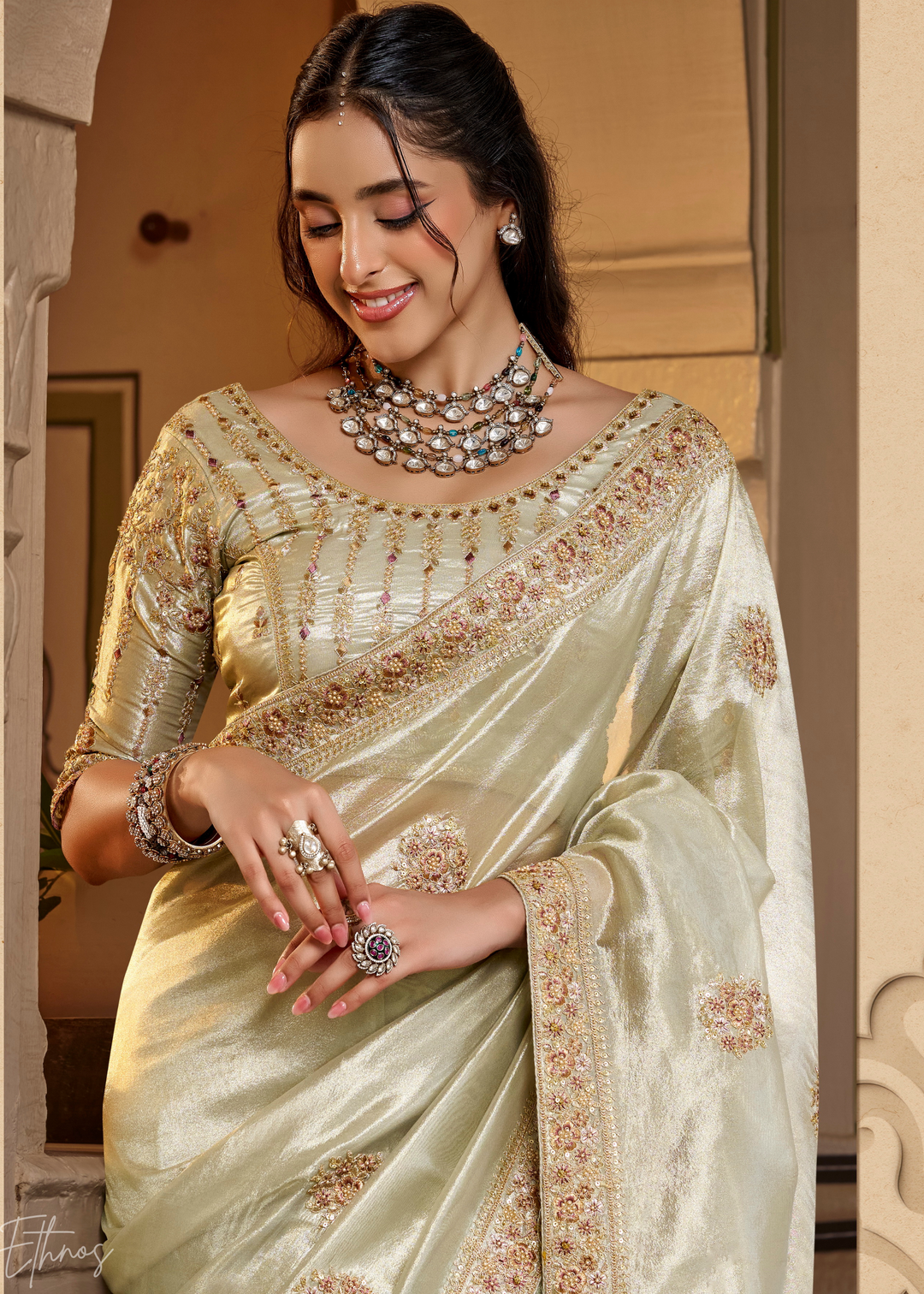 Mint Ivory Scattered Motif Satin Silk Saree