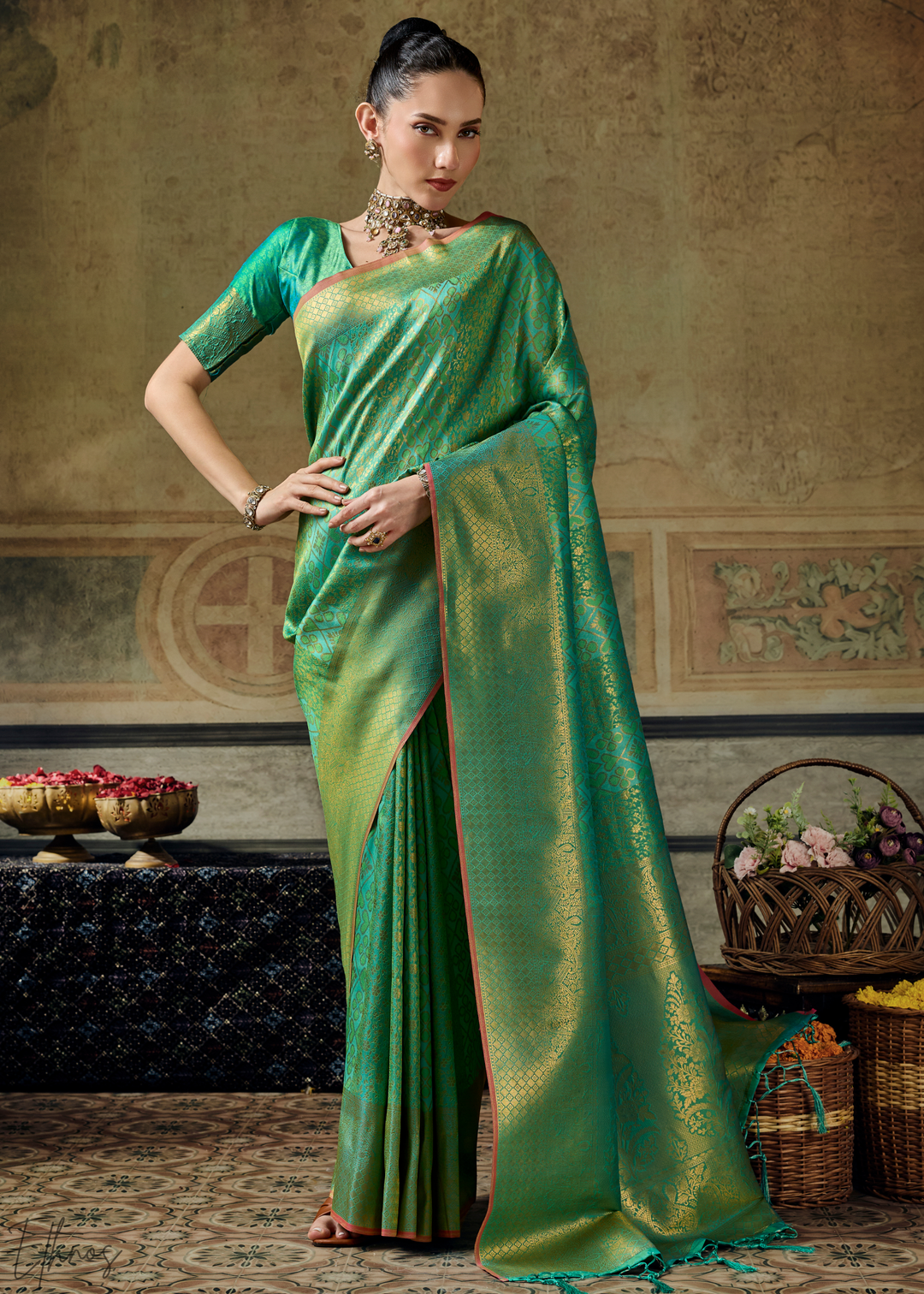 Mint Jade Traditional Brocade Handloom Silk Saree