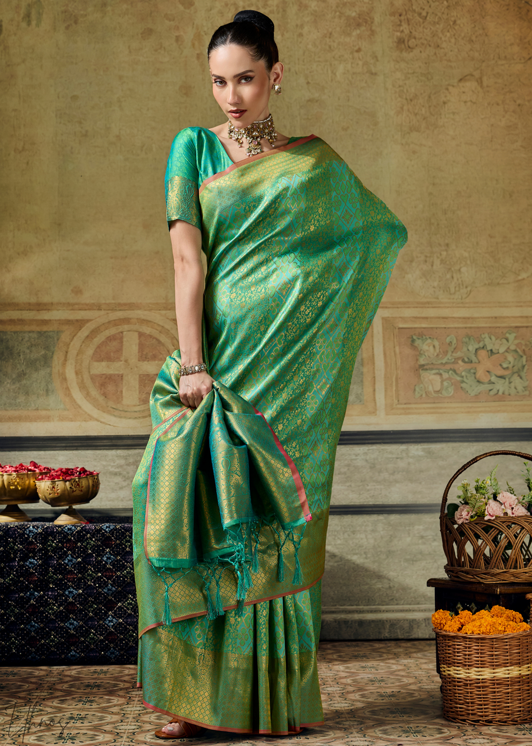 Mint Jade Traditional Brocade Handloom Silk Saree