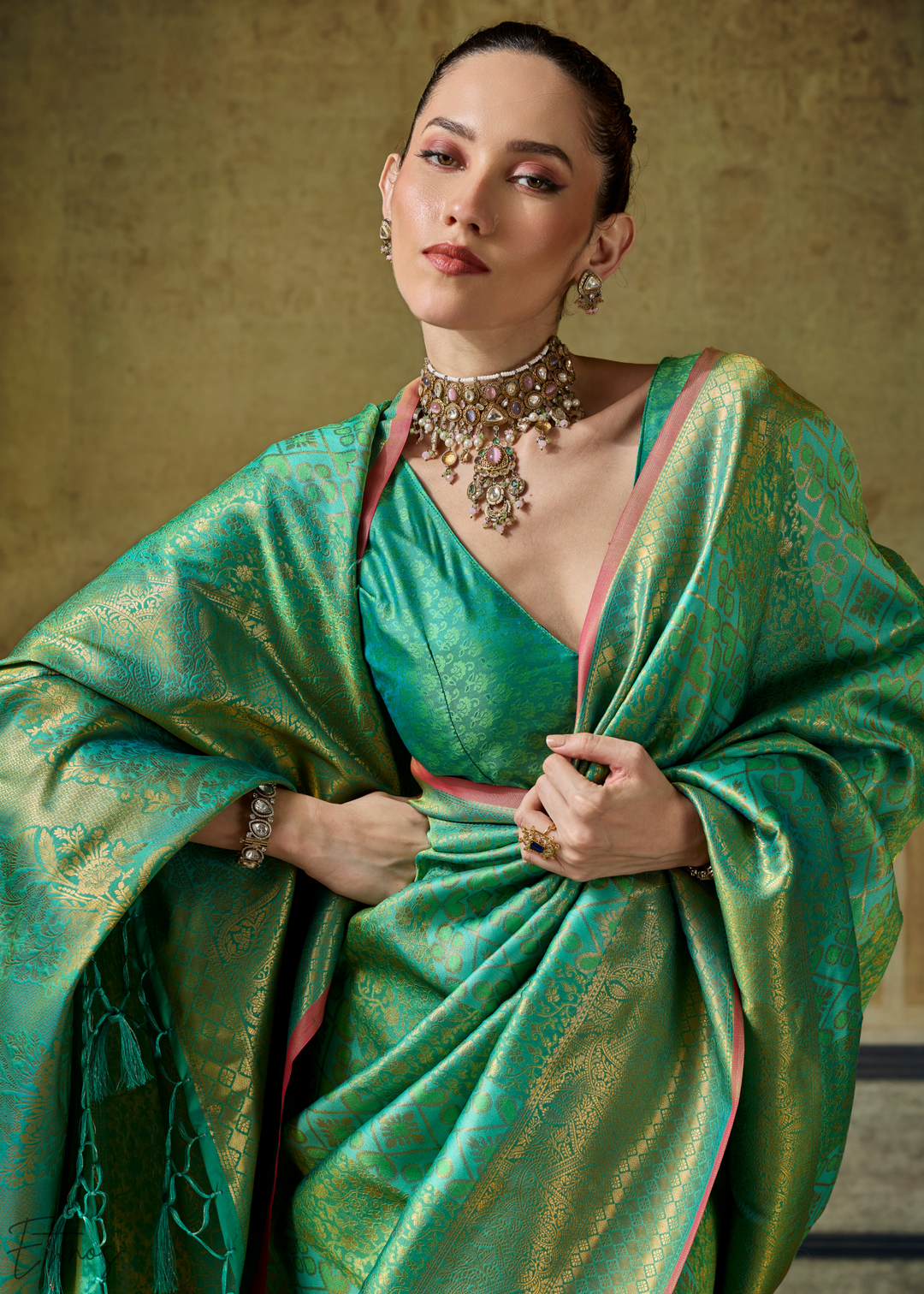 Mint Jade Traditional Brocade Handloom Silk Saree