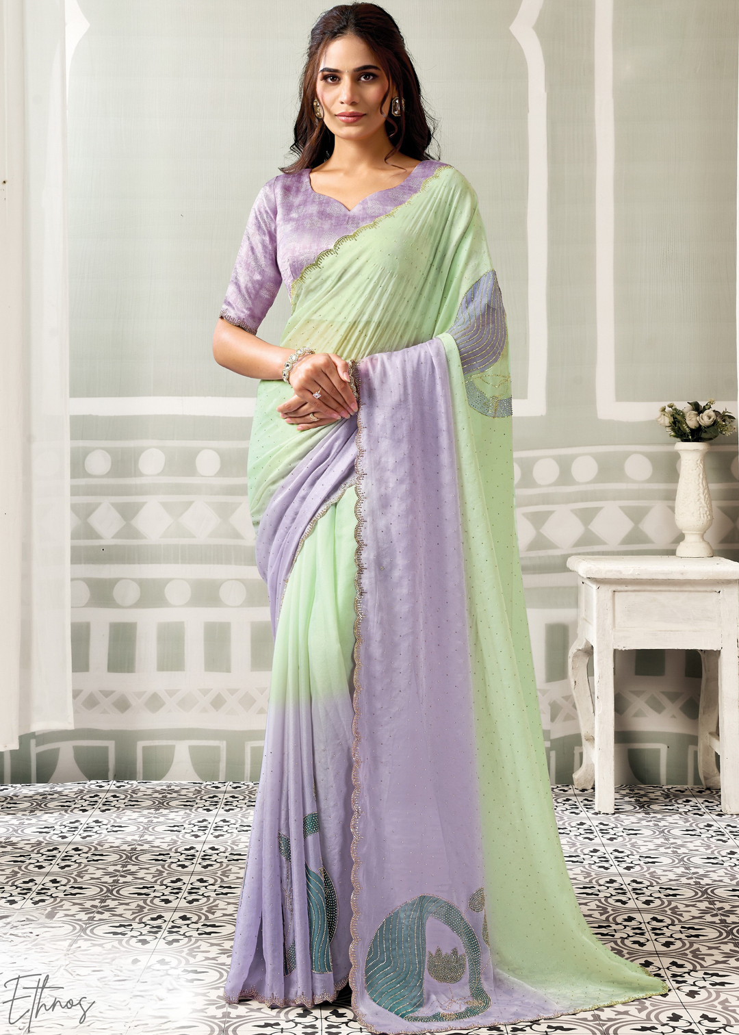 Mint Lilac Dual Shade Organza Satin Silk Saree