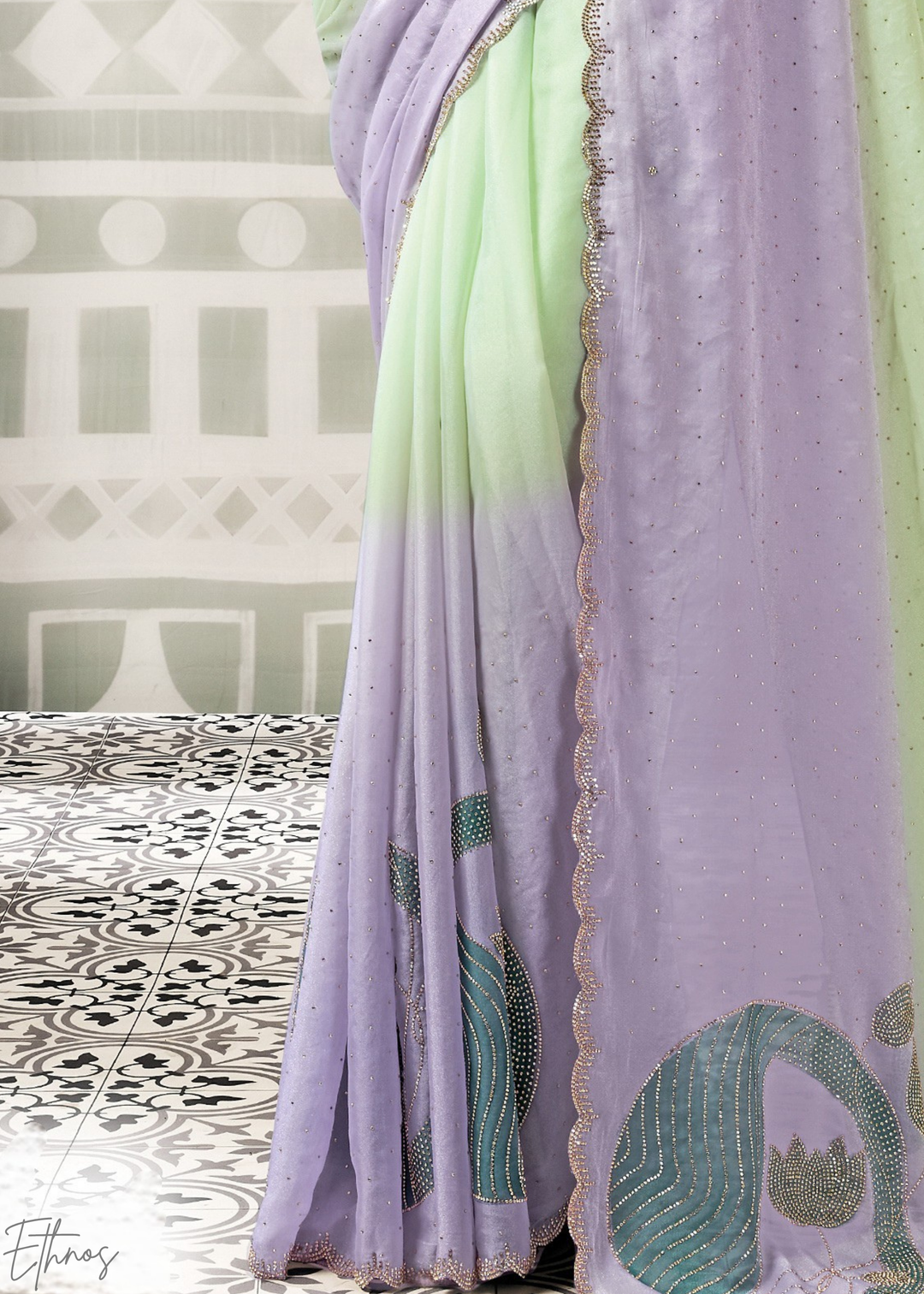 Mint Lilac Dual Shade Organza Satin Silk Saree
