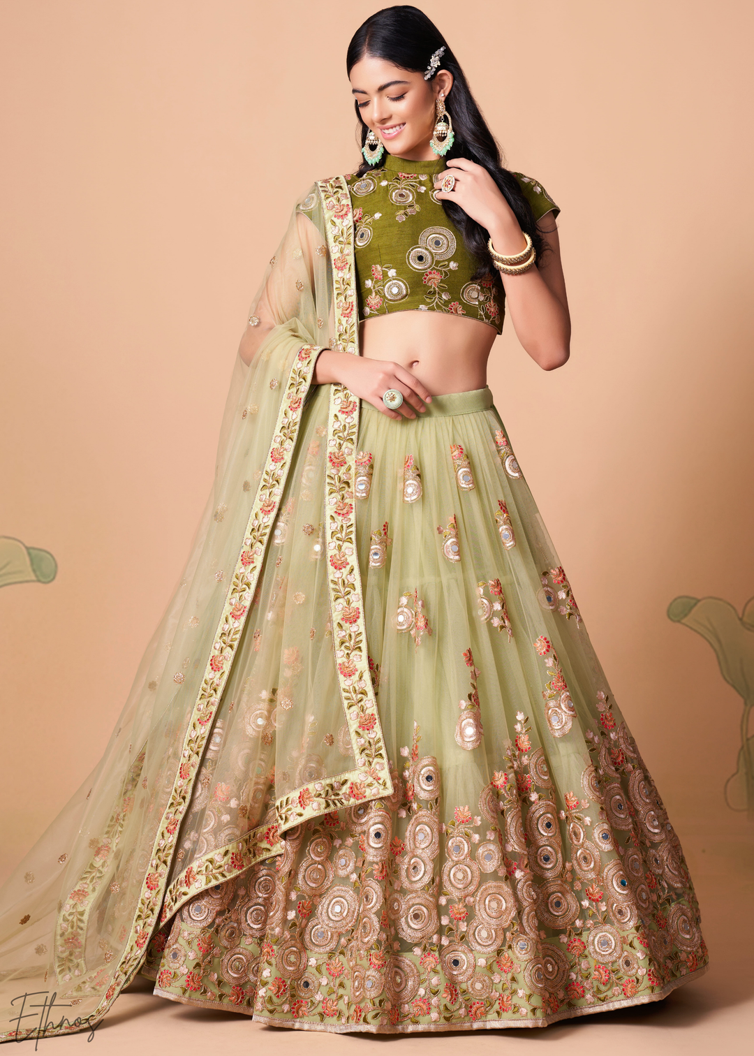 Mint Green Opulent Floral Mirror Net Lehenga