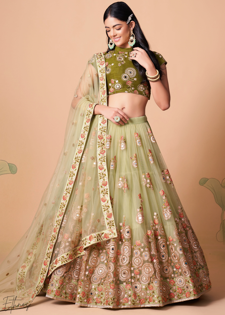 Mint Green Opulent Floral Mirror Net Lehenga