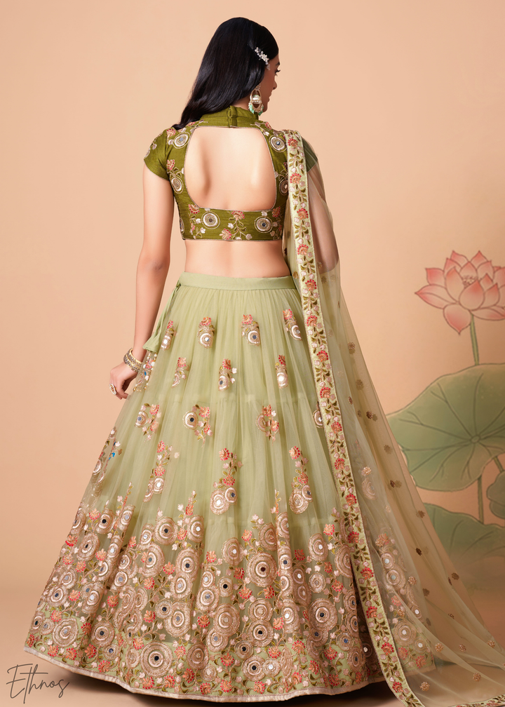 Mint Green Opulent Floral Mirror Net Lehenga