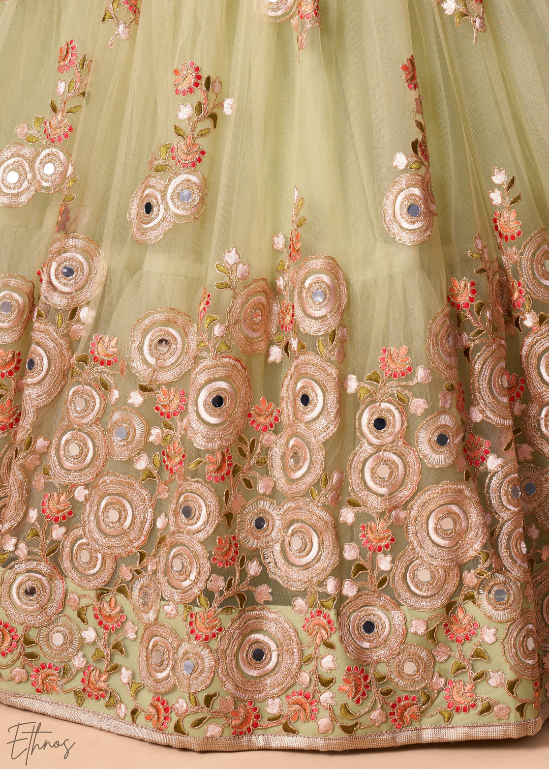 Mint Green Opulent Floral Mirror Net Lehenga