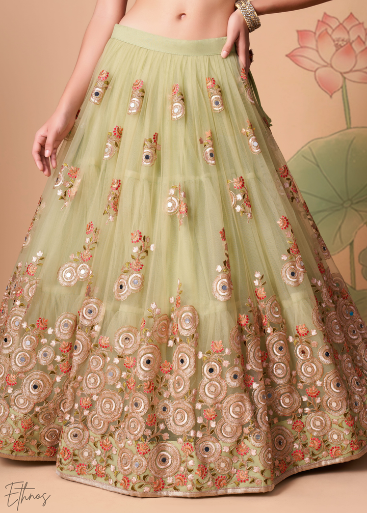 Mint Green Opulent Floral Mirror Net Lehenga