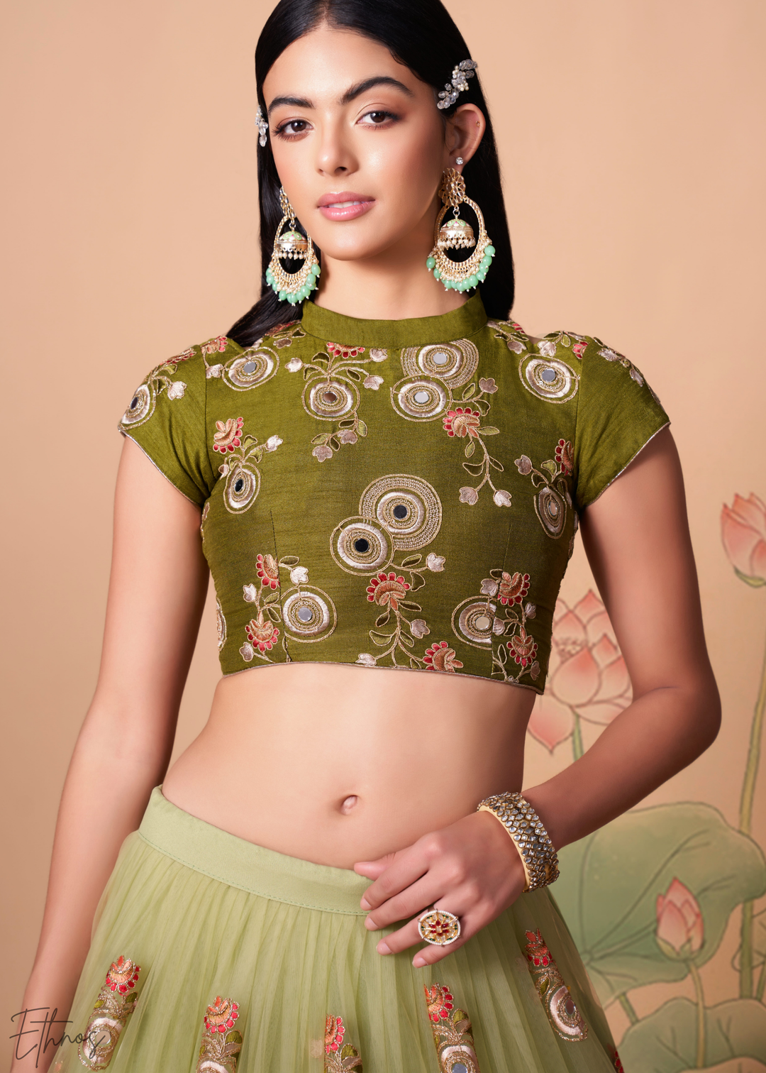 Mint Green Opulent Floral Mirror Net Lehenga