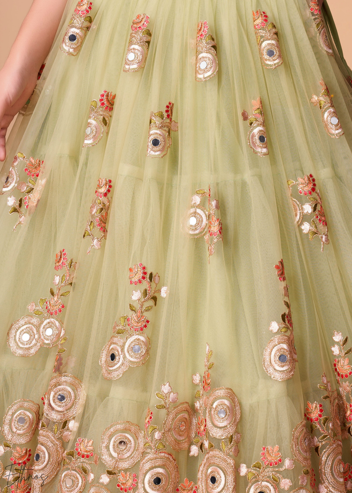 Mint Green Opulent Floral Mirror Net Lehenga