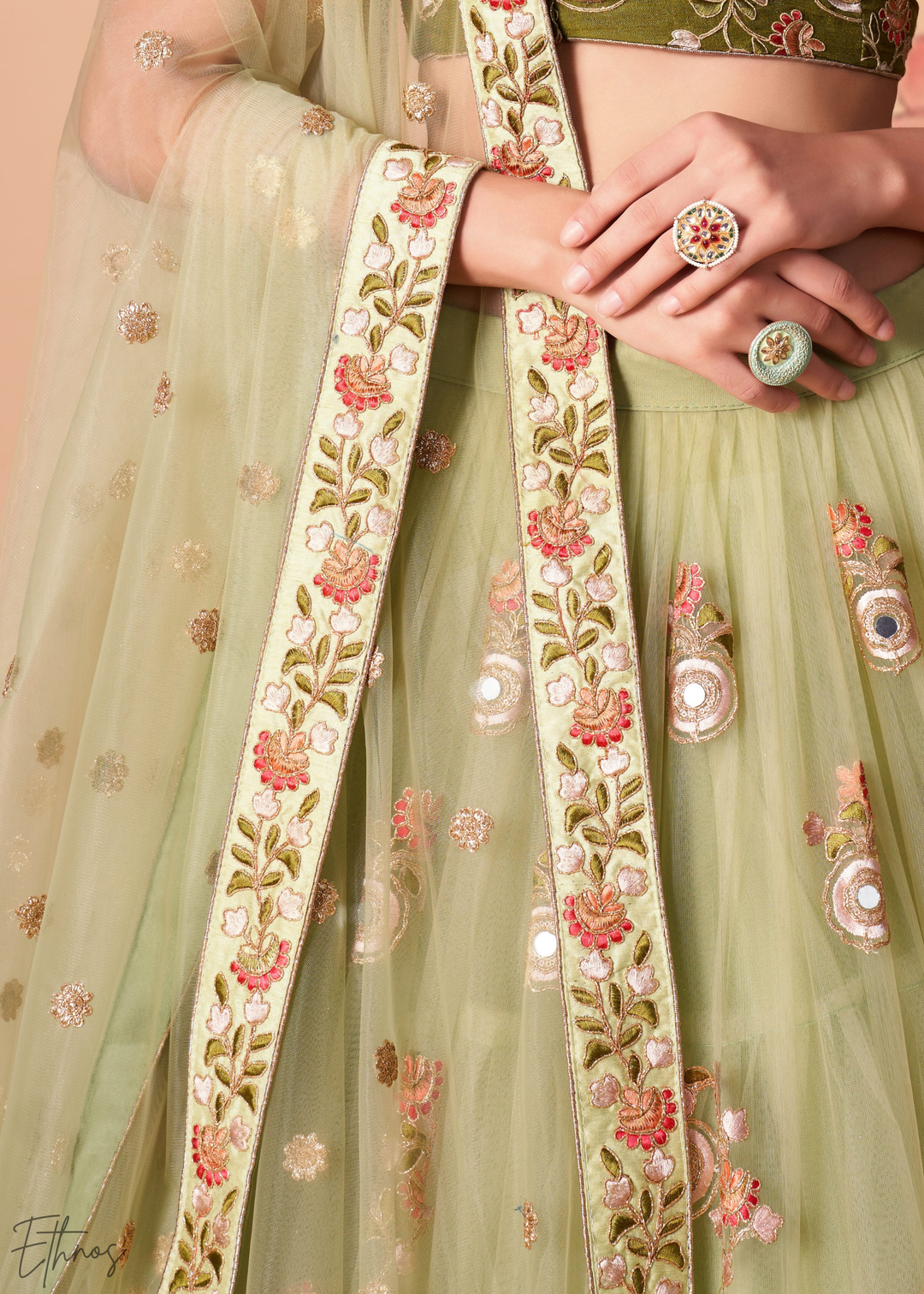 Mint Green Opulent Floral Mirror Net Lehenga