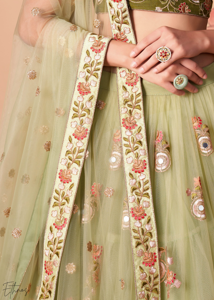 Mint Green Opulent Floral Mirror Net Lehenga