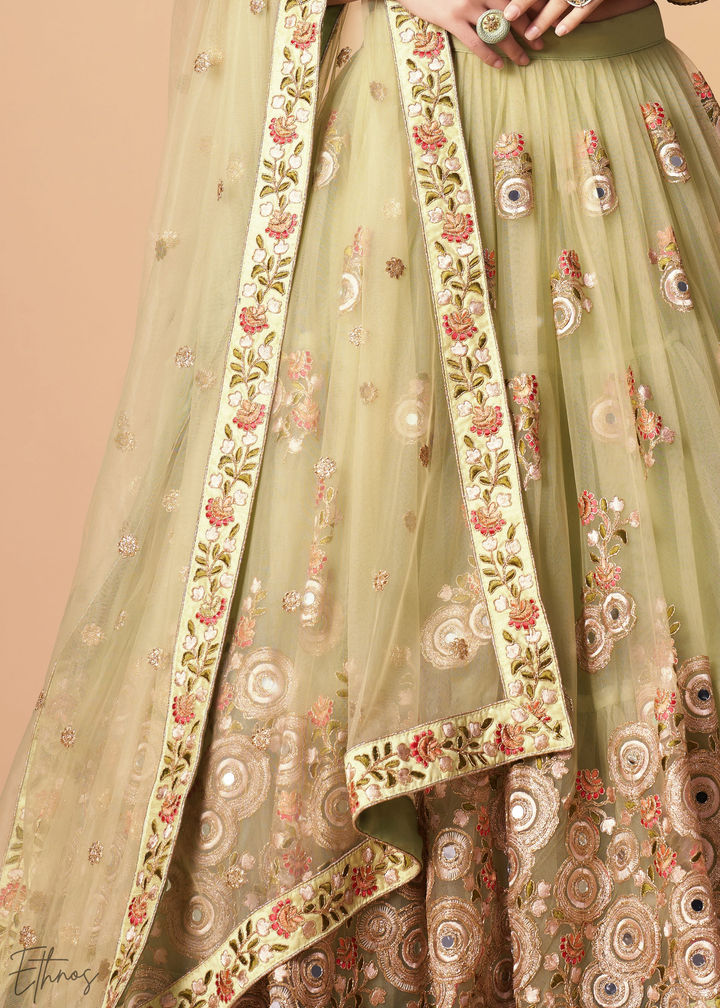 Mint Green Opulent Floral Mirror Net Lehenga