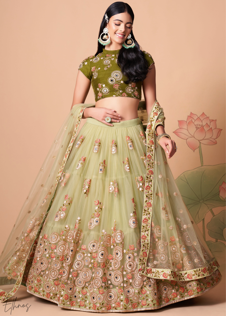 Mint Green Opulent Floral Mirror Net Lehenga