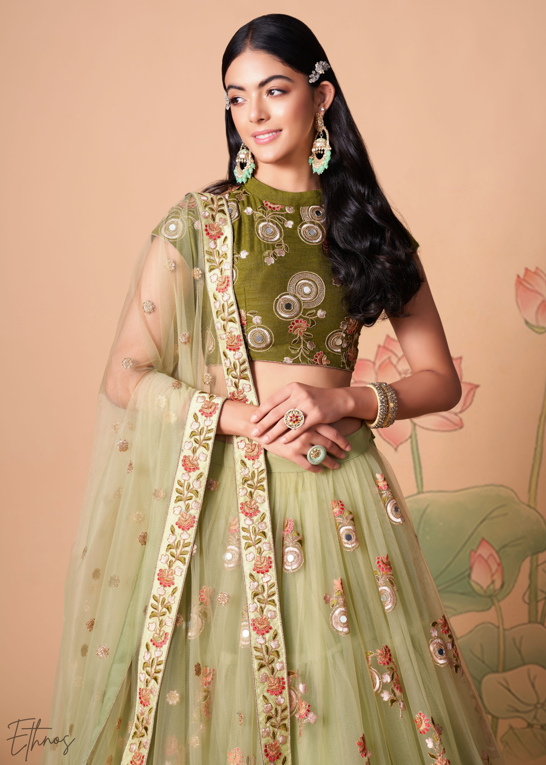 Mint Green Opulent Floral Mirror Net Lehenga
