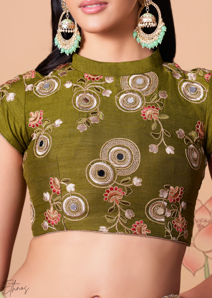 Mint Green Opulent Floral Mirror Net Lehenga