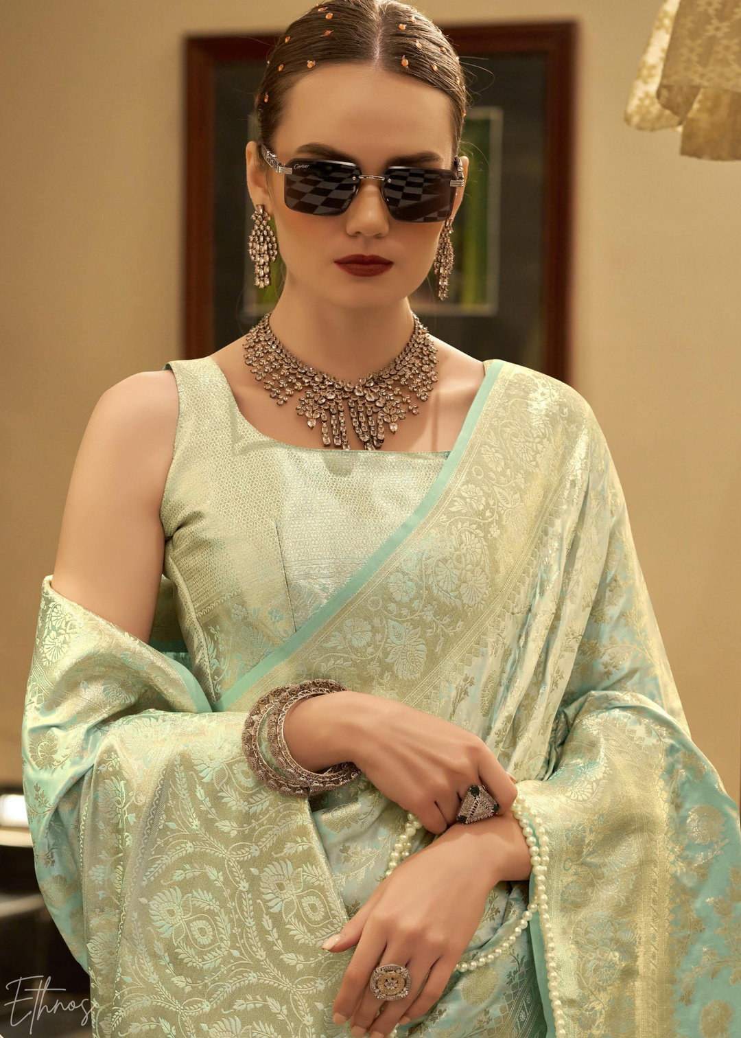 Mint Orchid Iridescent Woven Satin Silk Saree