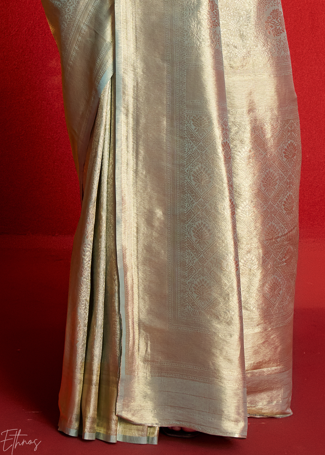 Mint Platinum Kanjeepuram Woven Zari Border Tissue Silk Saree
