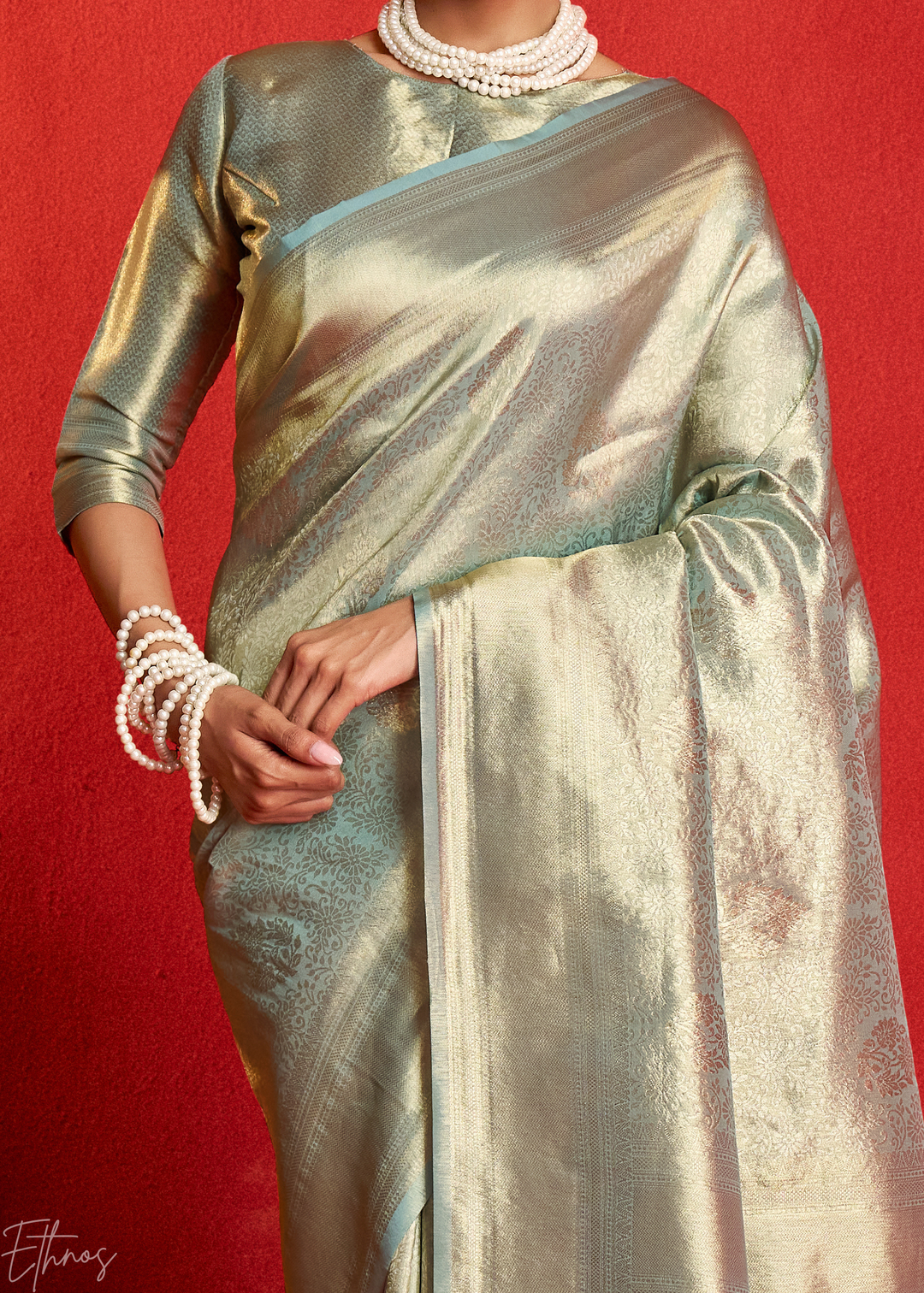 Mint Platinum Kanjeepuram Woven Zari Border Tissue Silk Saree