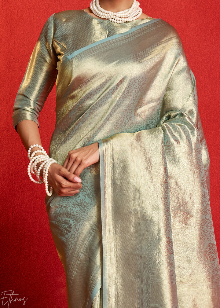 Mint Platinum Kanjeepuram Woven Zari Border Tissue Silk Saree
