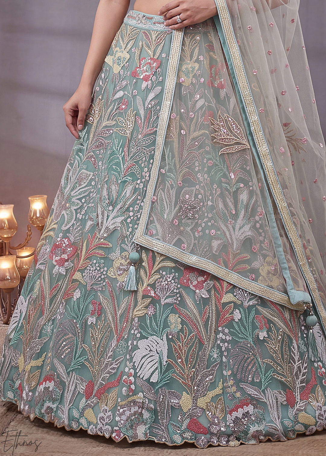Mint Radiant Blossom Soft Net Lehenga Choli