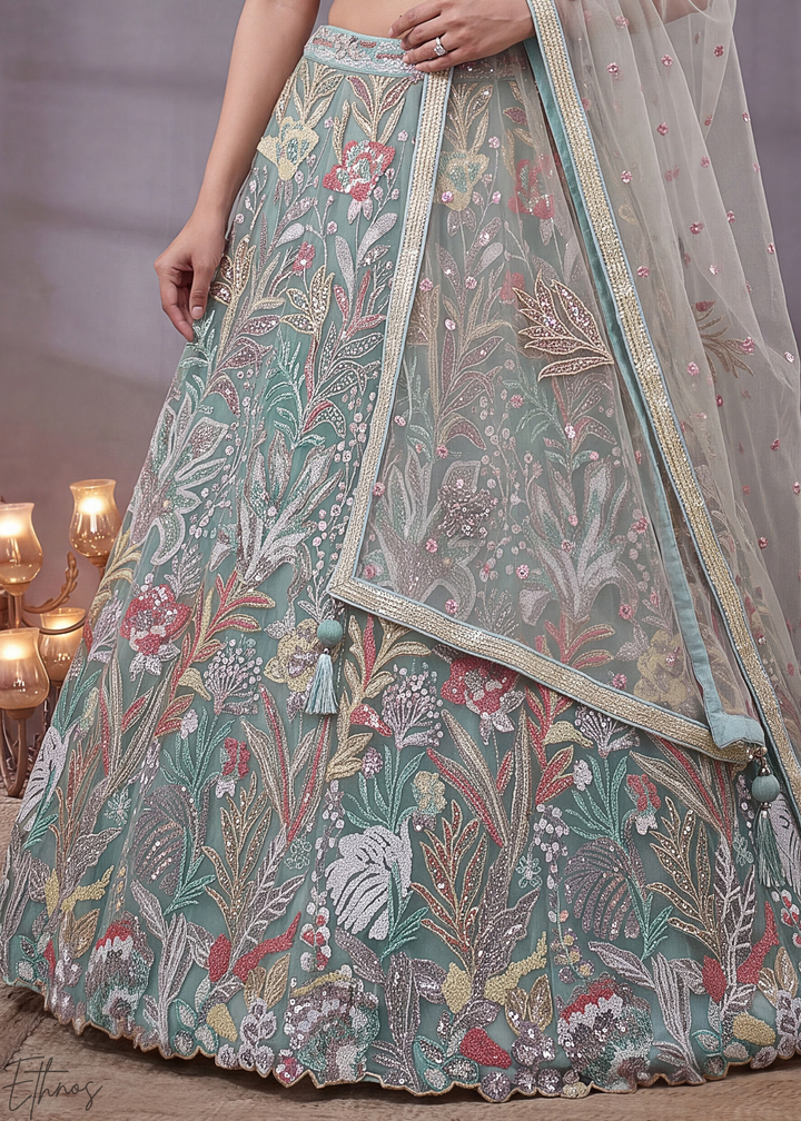 Mint Radiant Blossom Soft Net Lehenga Choli