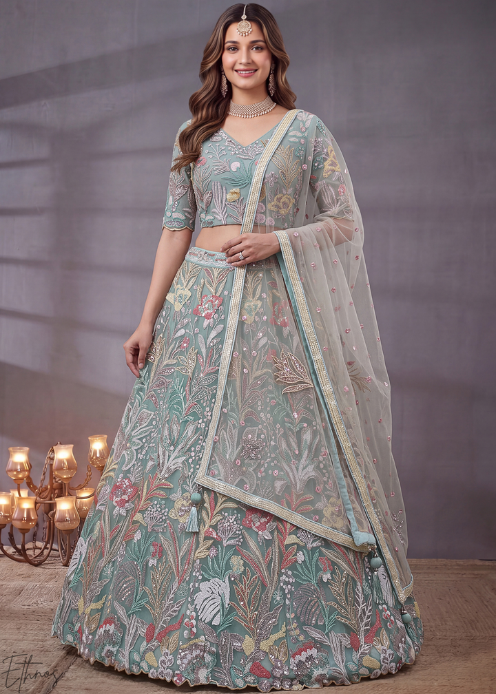 Mint Radiant Blossom Soft Net Lehenga Choli
