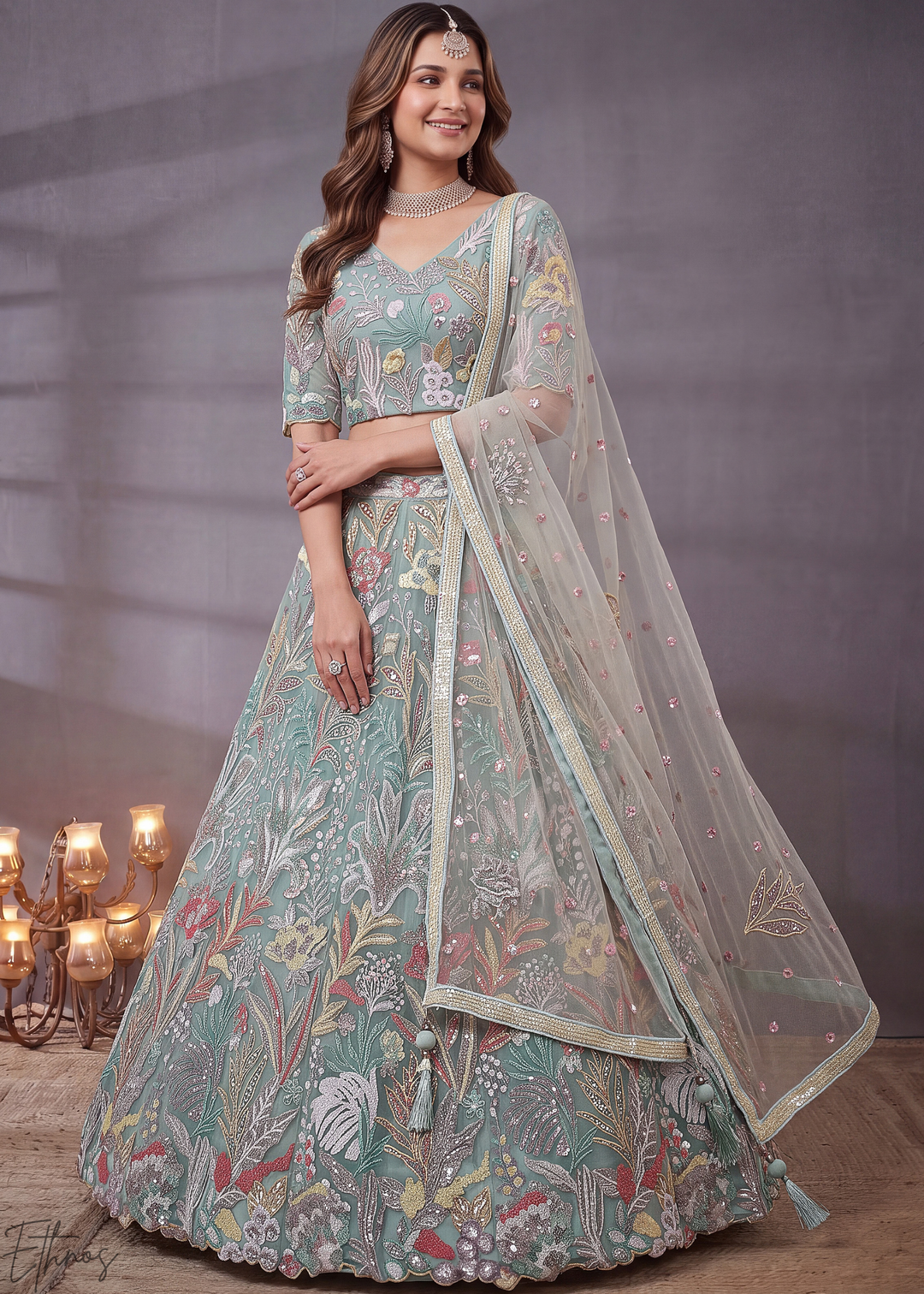 Mint Radiant Blossom Soft Net Lehenga Choli