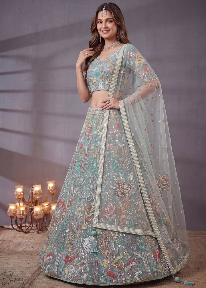Mint Radiant Blossom Soft Net Lehenga Choli