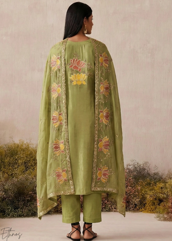 Mint Textured Flora Shimmer Silk Palazzo Suit