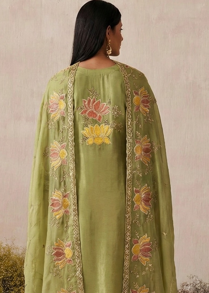 Mint Textured Flora Shimmer Silk Palazzo Suit