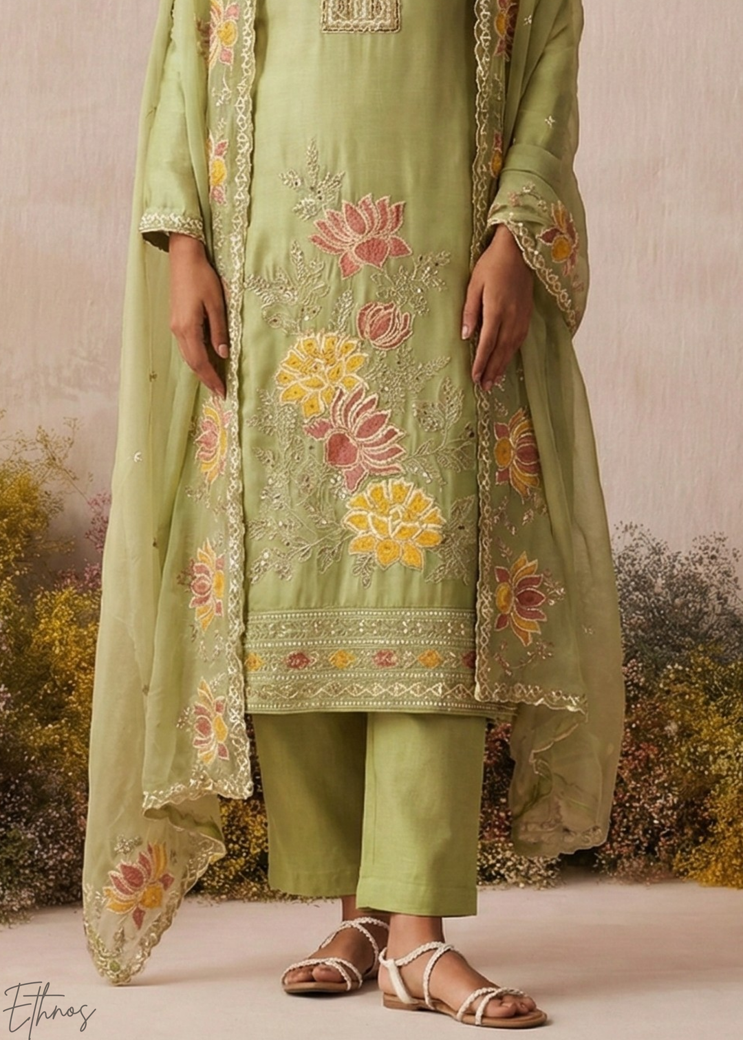 Mint Textured Flora Shimmer Silk Palazzo Suit
