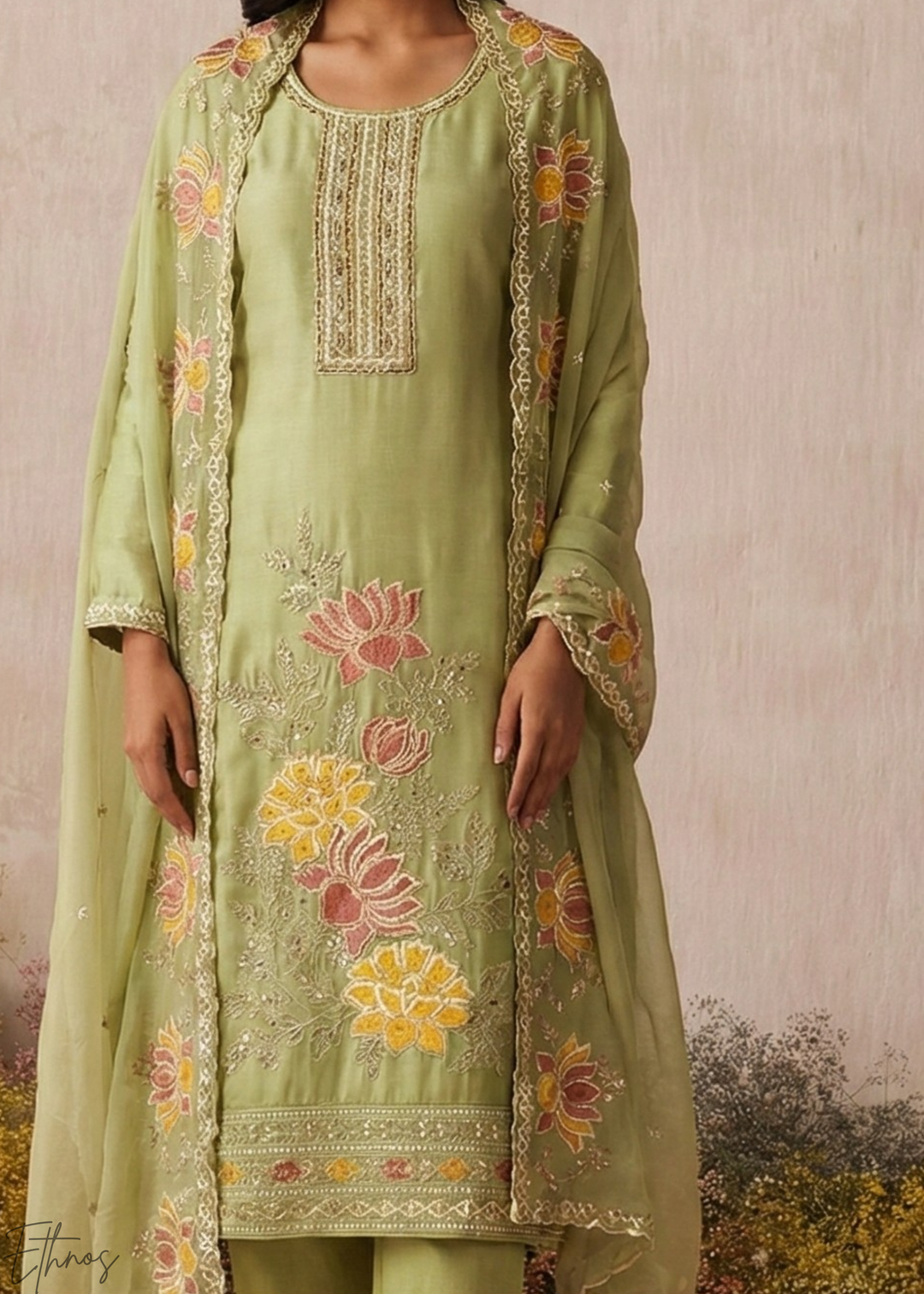 Mint Textured Flora Shimmer Silk Palazzo Suit