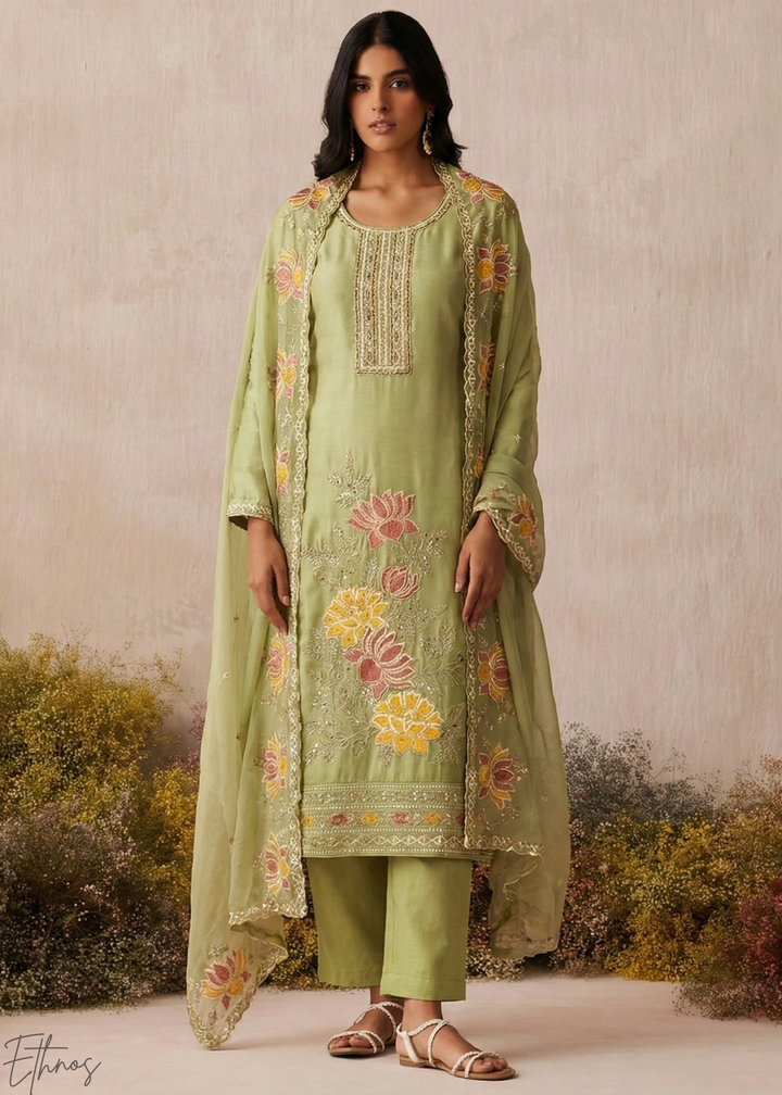 Mint Textured Flora Shimmer Silk Palazzo Suit