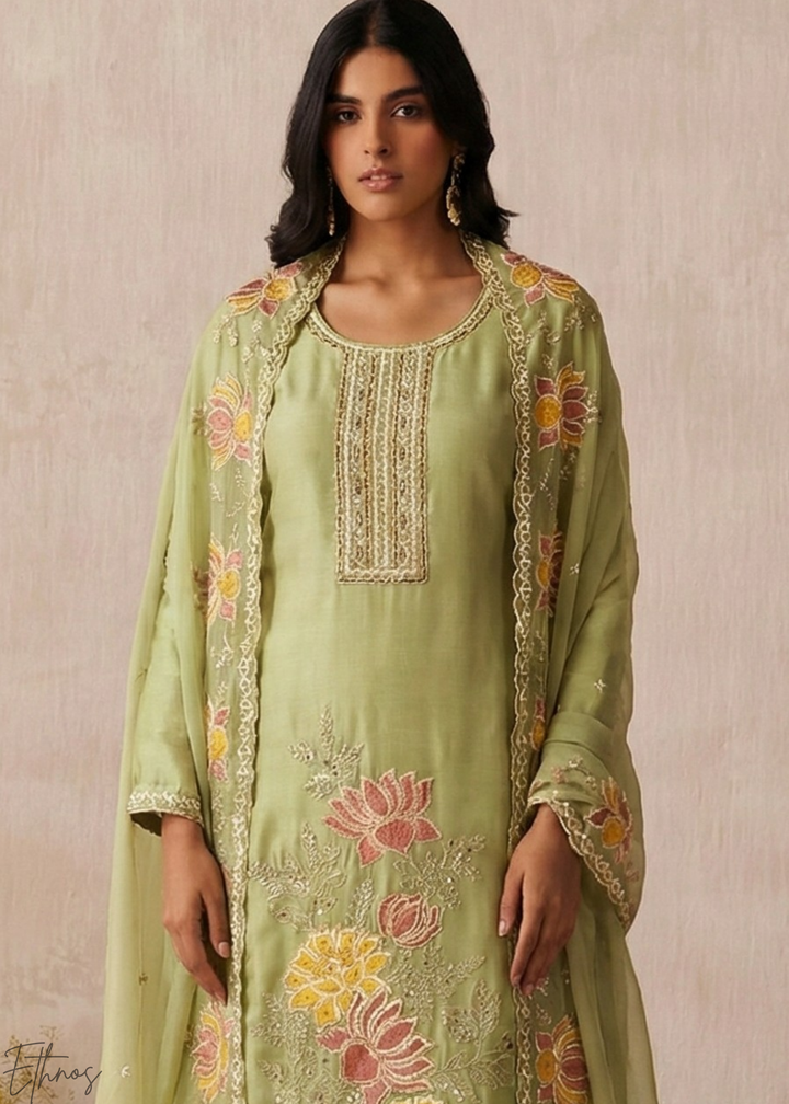 Mint Textured Flora Shimmer Silk Palazzo Suit