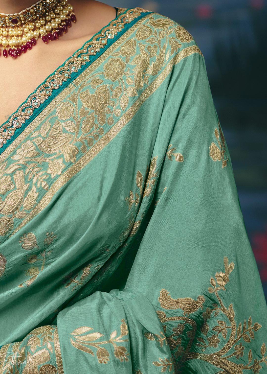 Mint Traditional Zari Woven Border Dola Silk Saree