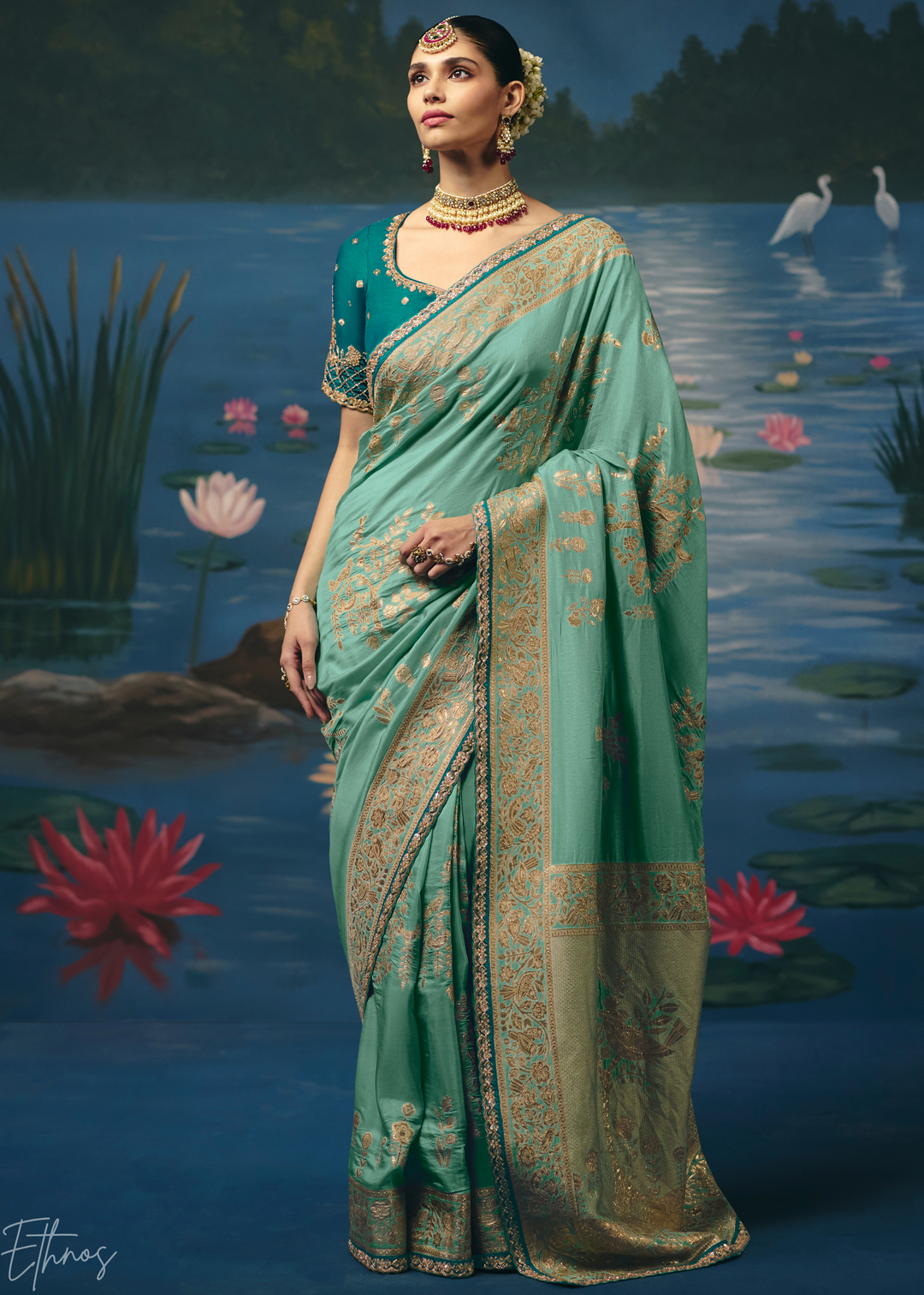 Mint Traditional Zari Woven Border Dola Silk Saree